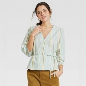 A New Day Women's Striped 3/4 Sleeve Wrap Top Cotton Mint Green, Size XS